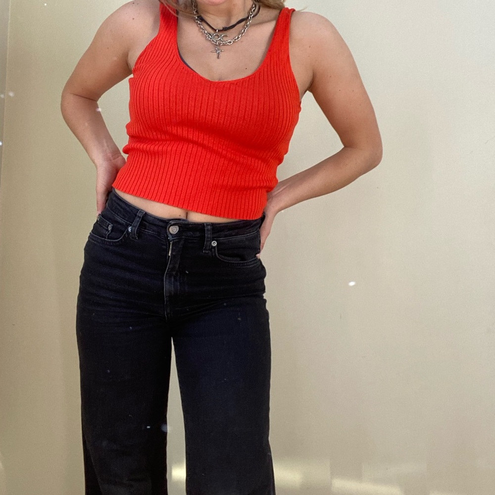 tight, stretchy, red cropped top